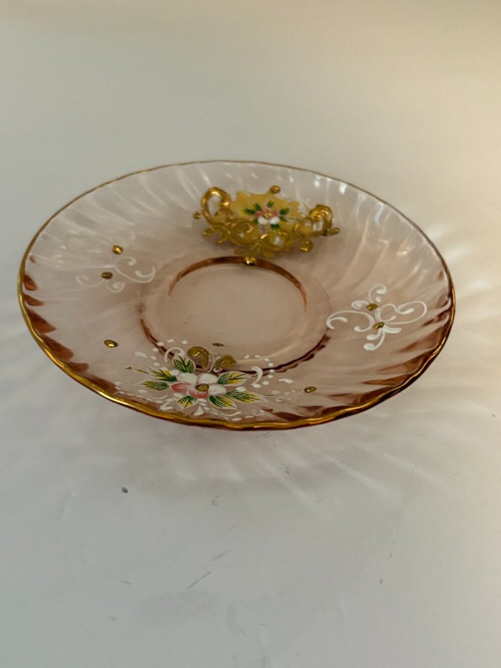 Vintage Glass Small Plate Hand pained Floral w/Gold Overlay